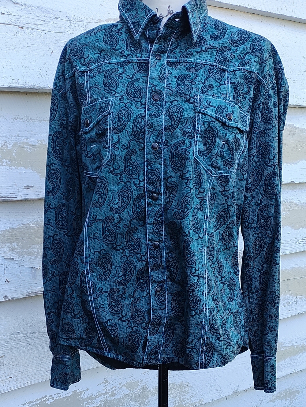 Men's Cowboy Western Teal Paisley Long-Sleeve Snap-Down Shirt, Small